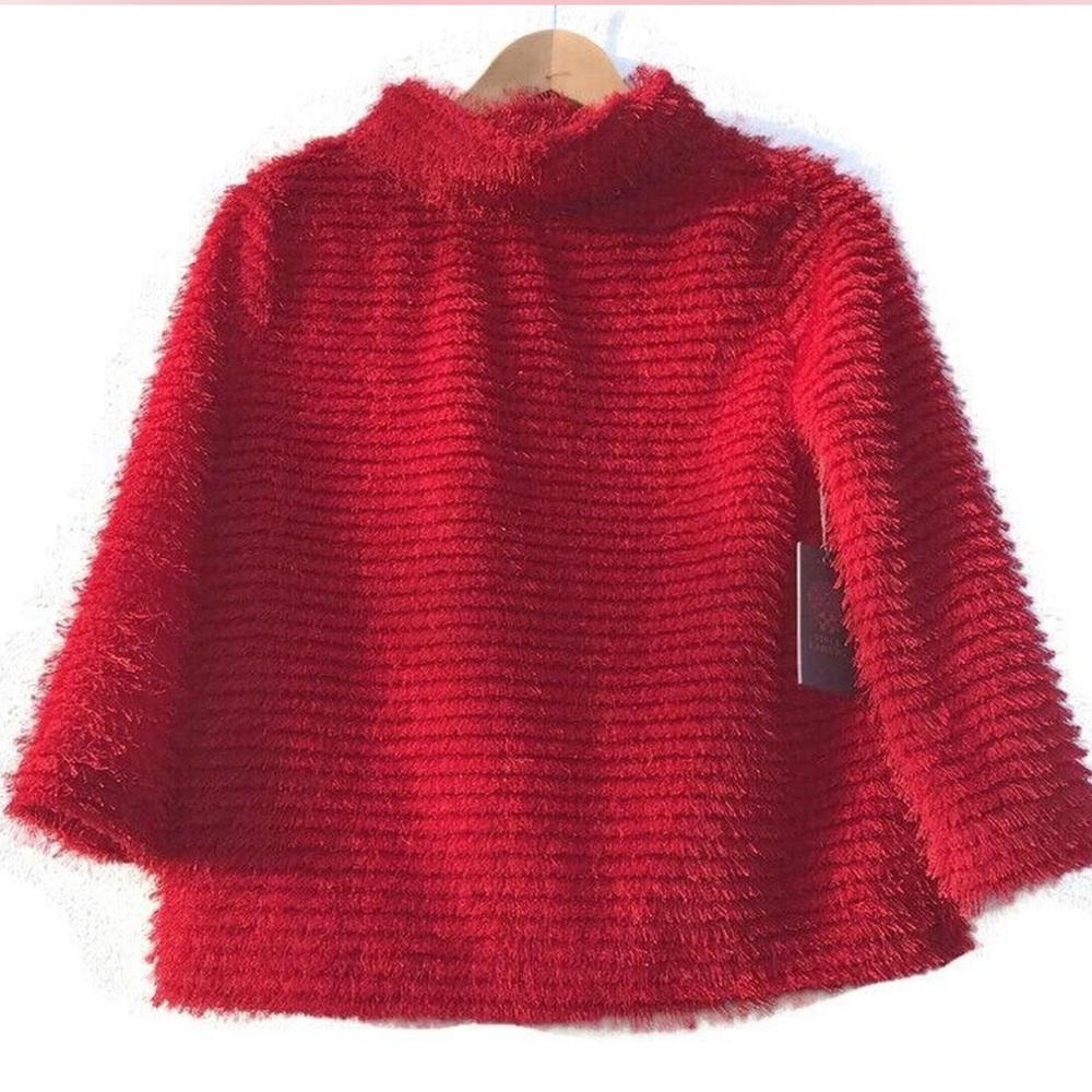 TULIP RED FUZZY RIBBED OVERSIZED MOCK NECK SWEATER
